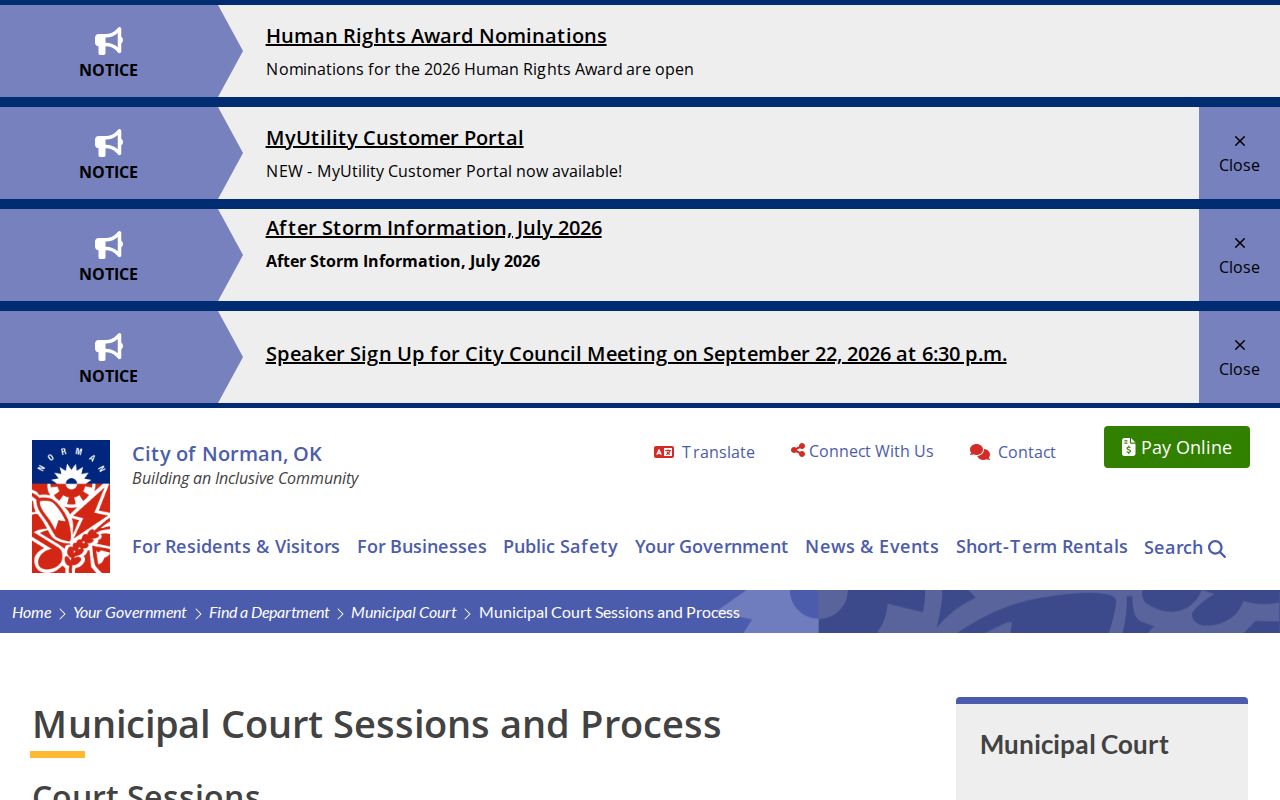 Norman Municipal Court official sessions and surrender on warrant page