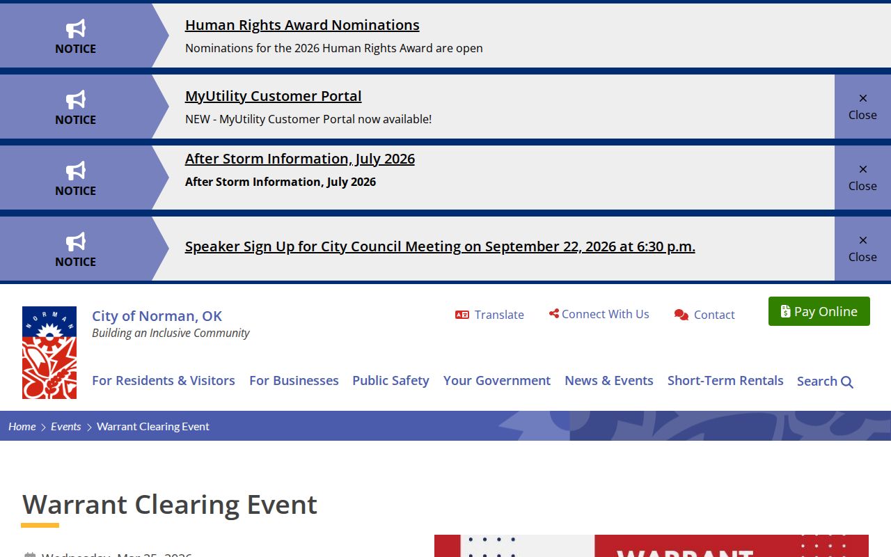 Norman 2026 warrant-clearing event notice