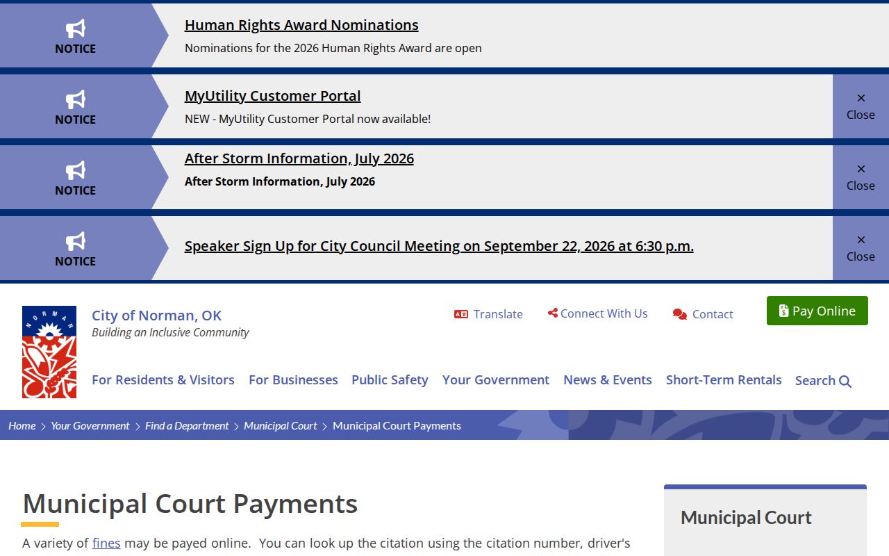 Norman Municipal Court citation lookup and payment page