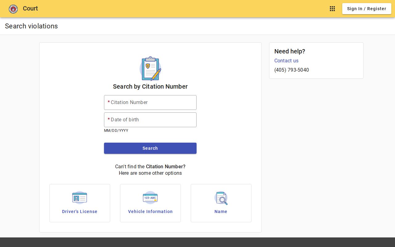 Moore municipal citation search with citation number and date of birth fields