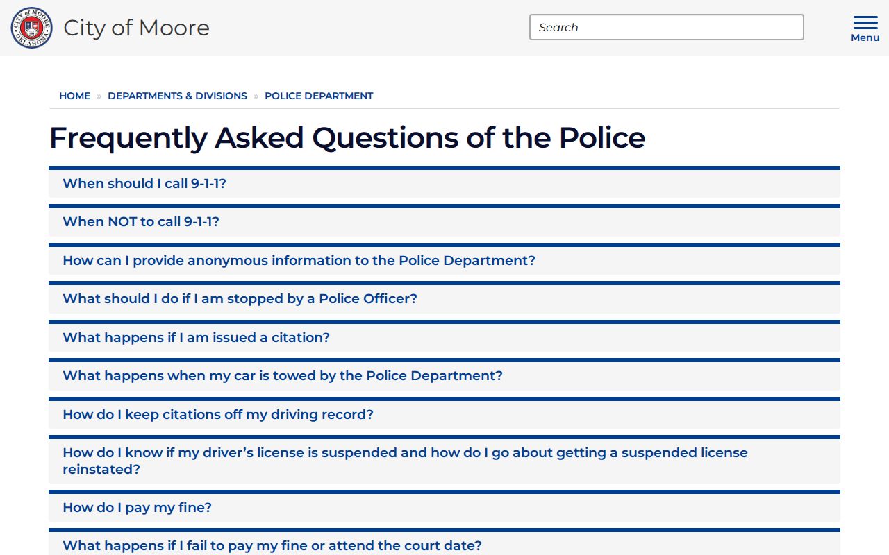 Moore Police FAQ with payment and warrant surrender guidance