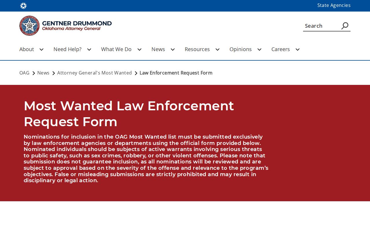 Official Most Wanted law-enforcement nomination form context