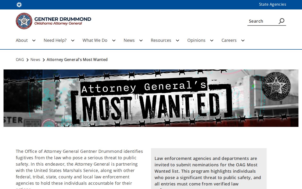 Oklahoma Attorney General official Most Wanted program header