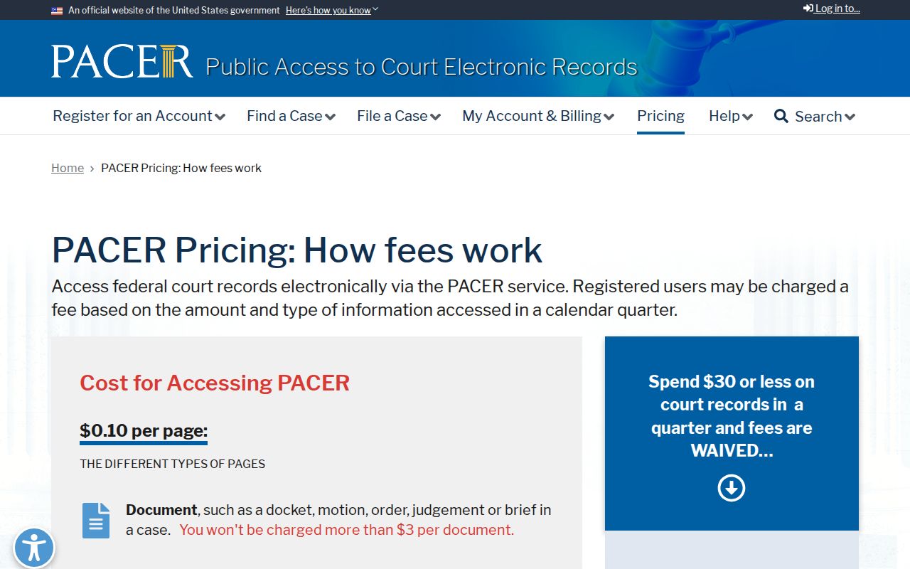 Official PACER pricing information